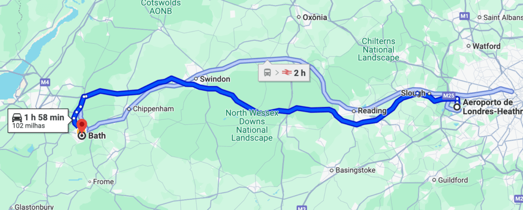Mapa com o trajeto que fiz de carro de Londres até Bath